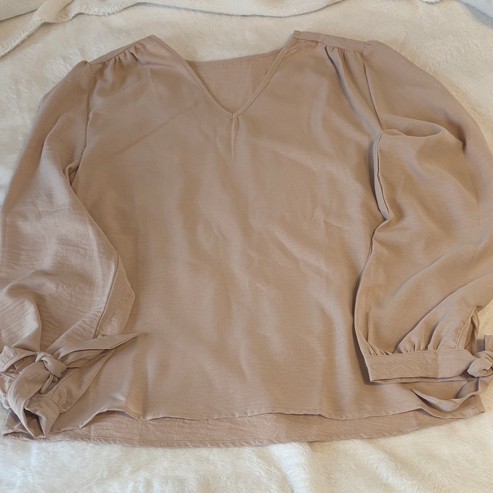 NWOT Chic Beige Women's Blouse with Tie Sleeves